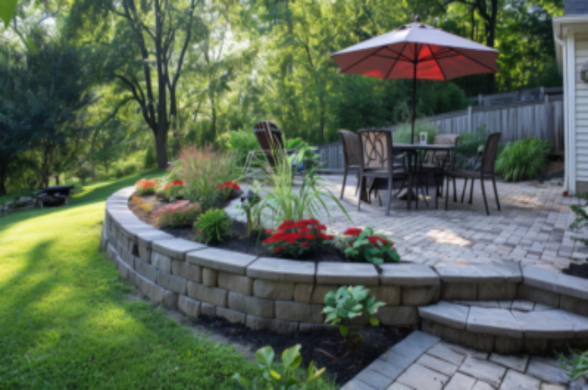 A backyard patio with a dining set under a red umbrella, surrounded by a retaining wall with plants, overlooks a lush green garden and trees.
